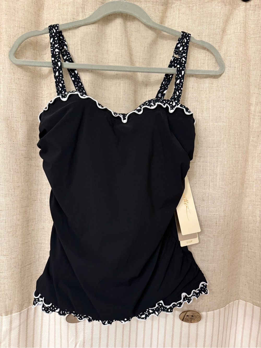 Gottex Black Underwire Swim Top with White Trim and Patterned Straps